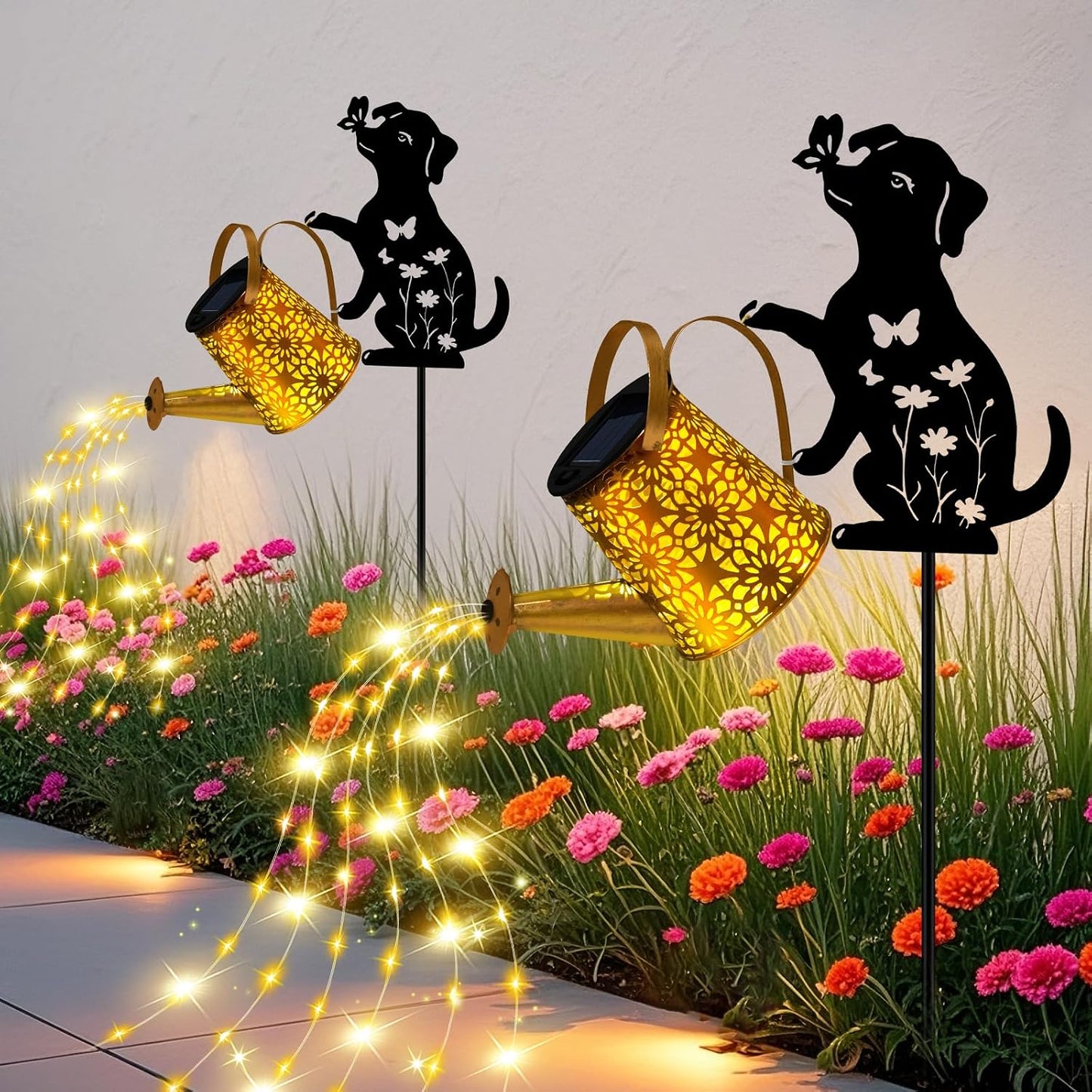 Solar Garden Lights Outdoor Decor, Watering Can with Cat Stake, Waterproof