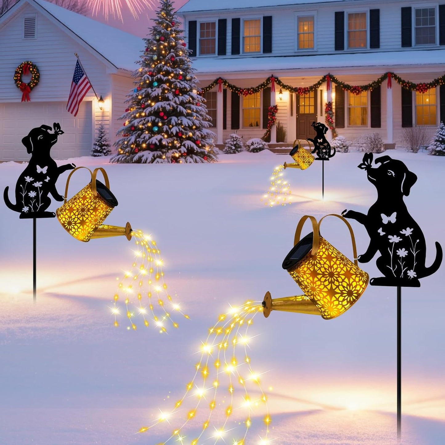 Solar Garden Lights Outdoor Decor, Watering Can with Cat Stake, Waterproof