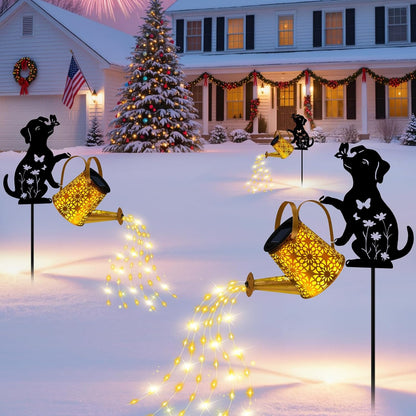 Solar Garden Lights Outdoor Decor, Watering Can with Cat Stake, Waterproof