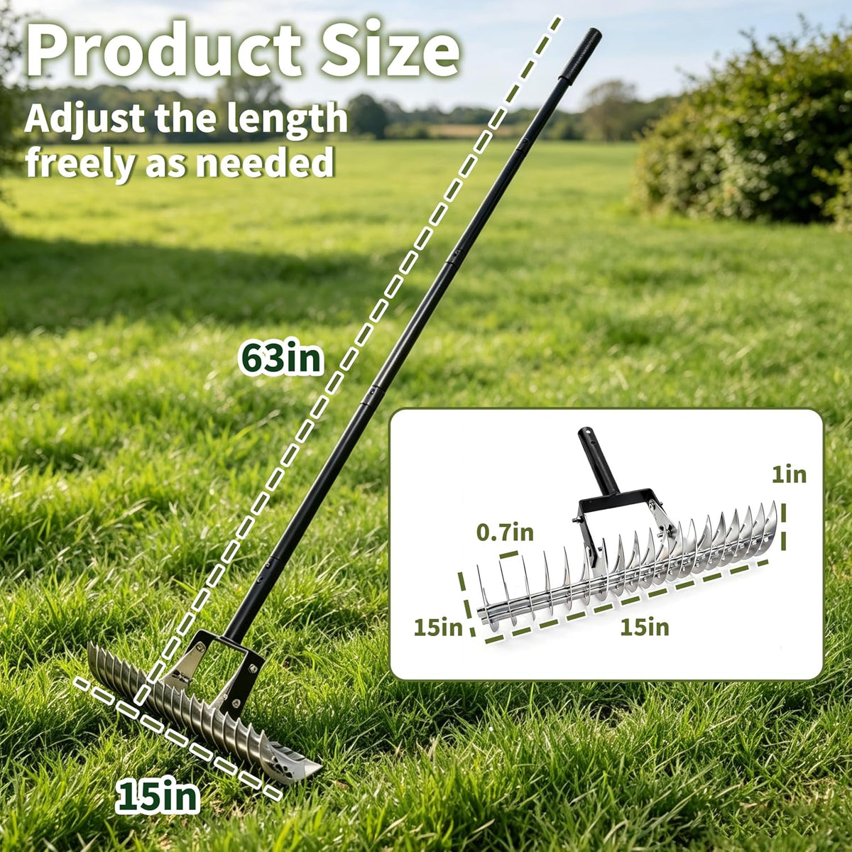 Garden Rake for Leaves,Heavy Duty Metal Adjustable Leaf Rake for Lawns,Long Handle 33"-69" with Expandable Head 8"-15",Garden Tools for Yard Lawn Shrub Garden Beds