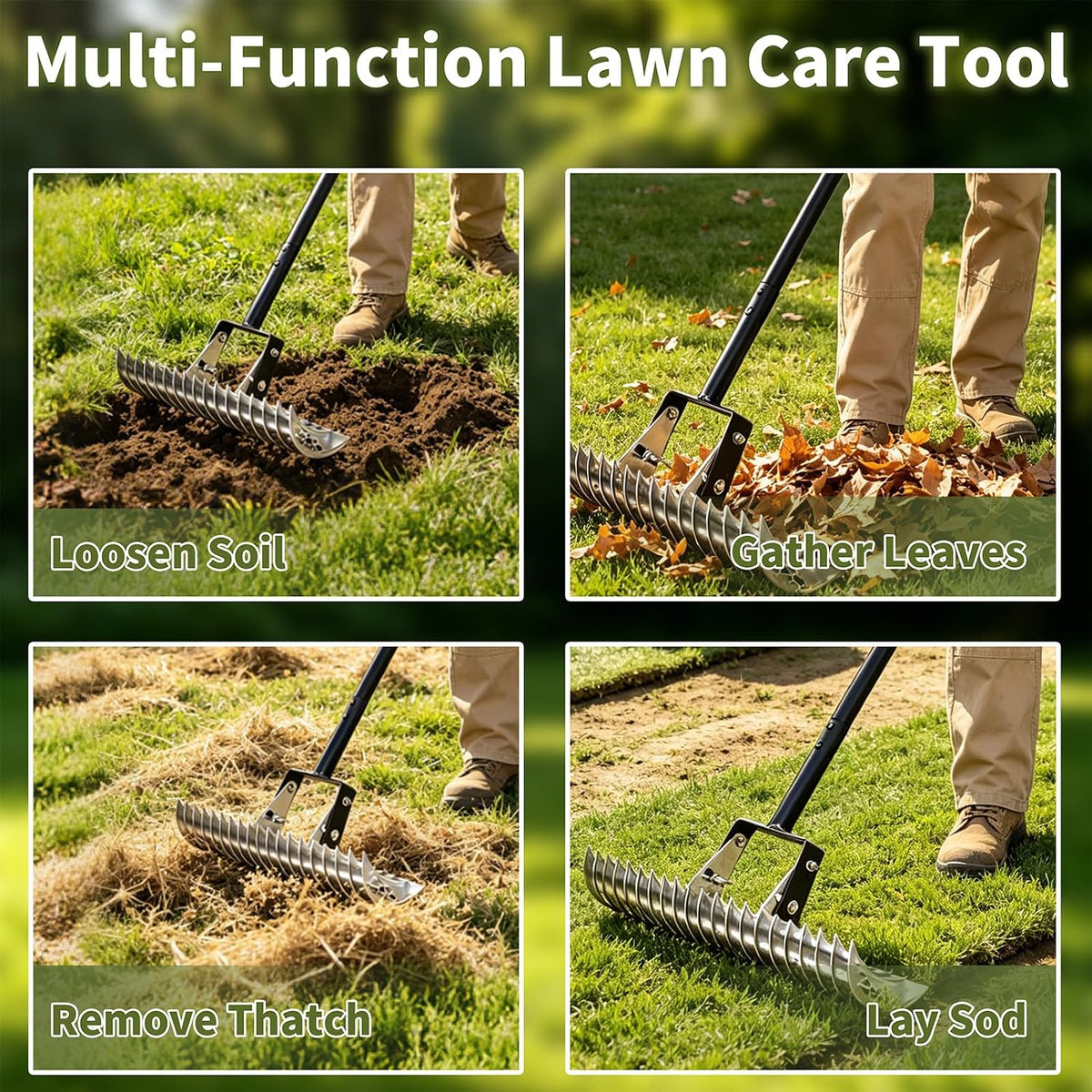 Garden Rake for Leaves,Heavy Duty Metal Adjustable Leaf Rake for Lawns,Long Handle 33"-69" with Expandable Head 8"-15",Garden Tools for Yard Lawn Shrub Garden Beds