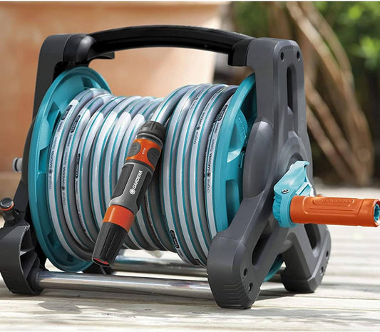 Gardena Hose Reel - Includes (1/2'' x 33' Hose + 5' Leader Hose), Blue and Grey (8010)