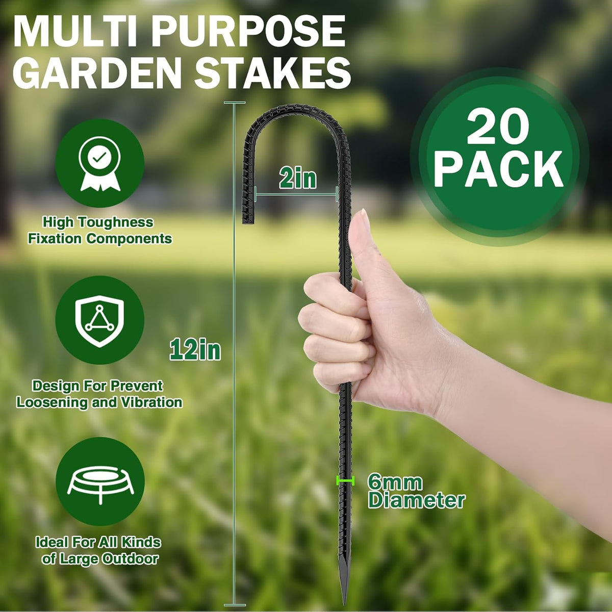 20 PCS Garden Ground Stakes 12" Rebar Stakes Heavy Duty J Shape