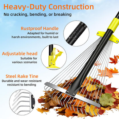 Byhargen Adjustable Metal Leaf Rake, Heavy Duty Garden Rake with Wide & Narrow Modes, Rustproof Steel Head, Adjustable Handle for Lawn Care, Yard Clean Up, and Mulch Spreading