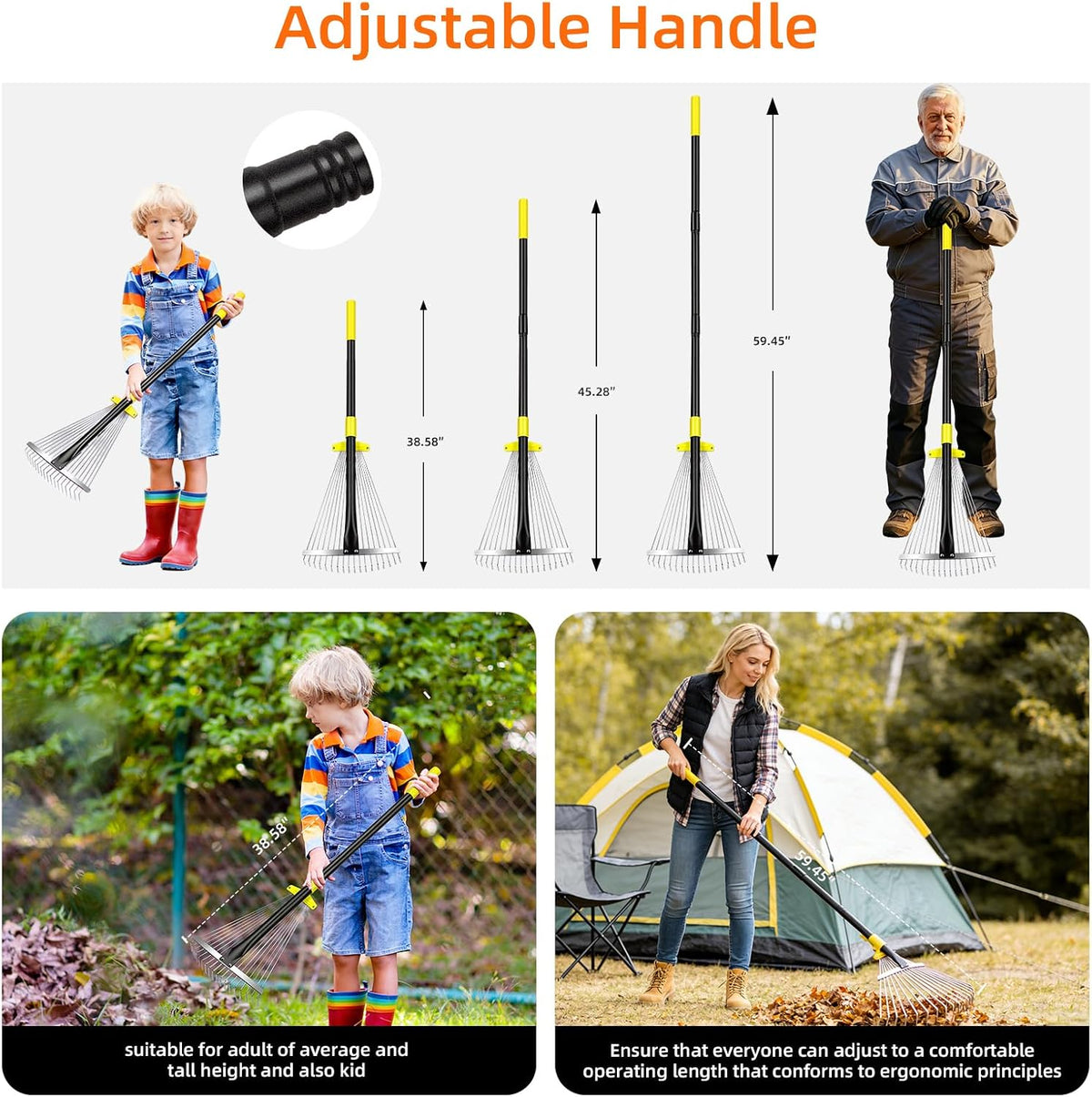 Byhargen Adjustable Metal Leaf Rake, Heavy Duty Garden Rake with Wide & Narrow Modes, Rustproof Steel Head, Adjustable Handle for Lawn Care, Yard Clean Up, and Mulch Spreading