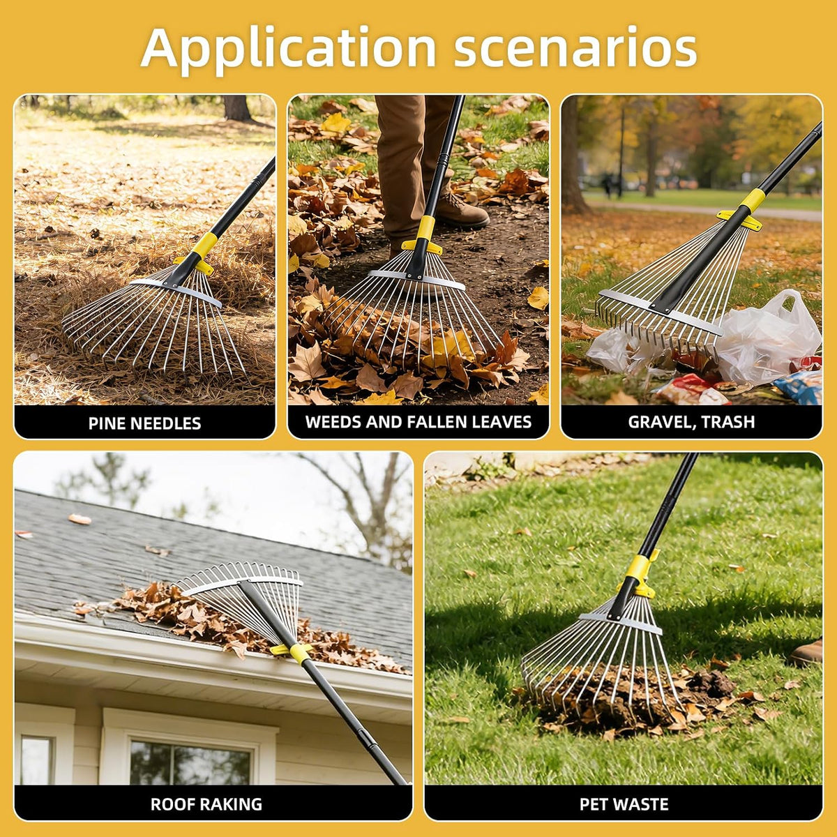 Byhargen Adjustable Metal Leaf Rake, Heavy Duty Garden Rake with Wide & Narrow Modes, Rustproof Steel Head, Adjustable Handle for Lawn Care, Yard Clean Up, and Mulch Spreading