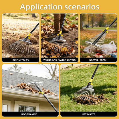 Byhargen Adjustable Metal Leaf Rake, Heavy Duty Garden Rake with Wide & Narrow Modes, Rustproof Steel Head, Adjustable Handle for Lawn Care, Yard Clean Up, and Mulch Spreading