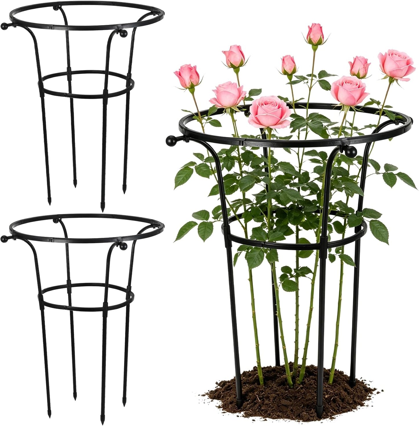 2 Pack Large Peony Cages and Supports, 26" H x 20" D Grow Through Plant Support Rings, Sturdy Garden Trellis, Plastic Rings with Stainless Steel Core Stakes for Peonies, Roses & Top-Heavy Blooms