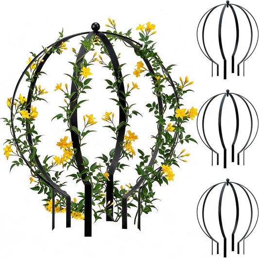4 PCS Large Metal Round Trellis for Climbing Plants, Heavy Duty Thick Rustproof Obelisk, Garden Sphere Frame for Potted Roses Vines, Outdoor Garden Decor, Easy Assembly (25.2" x 21.3")