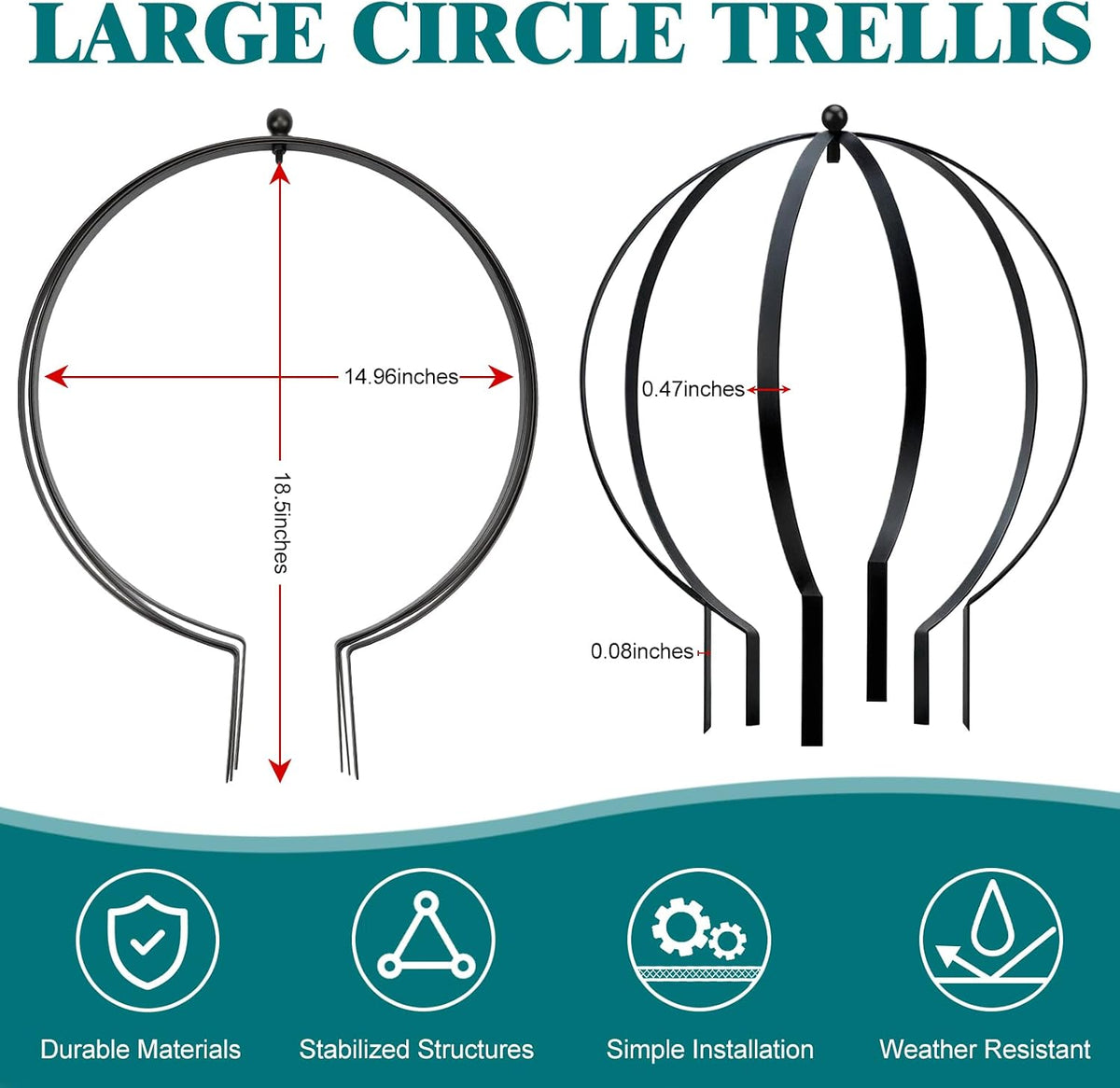 4 PCS Large Metal Round Trellis for Climbing Plants, Heavy Duty Thick Rustproof Obelisk, Garden Sphere Frame for Potted Roses Vines, Outdoor Garden Decor, Easy Assembly (25.2" x 21.3")