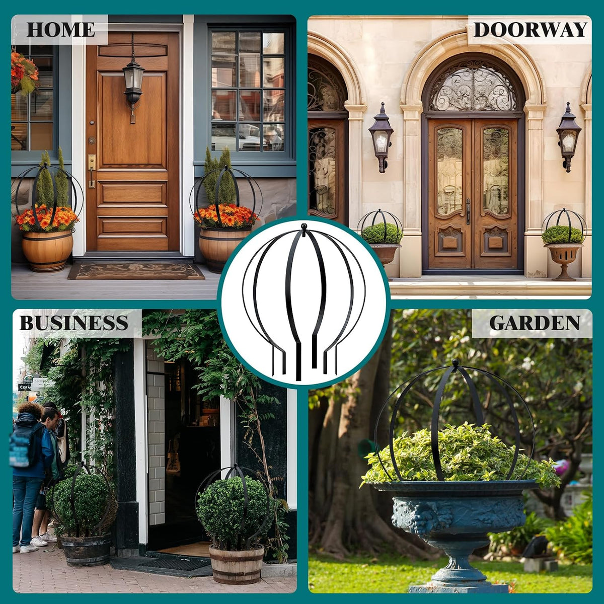 4 PCS Large Metal Round Trellis for Climbing Plants, Heavy Duty Thick Rustproof Obelisk, Garden Sphere Frame for Potted Roses Vines, Outdoor Garden Decor, Easy Assembly (25.2" x 21.3")