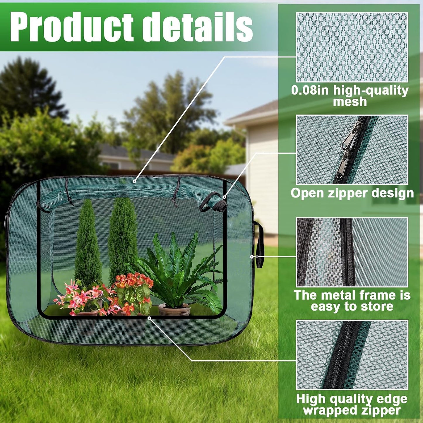 1 Pack 39 x 39 x 19in Pop-Up Garden Mesh Plant Cover with Zipper and Stakes