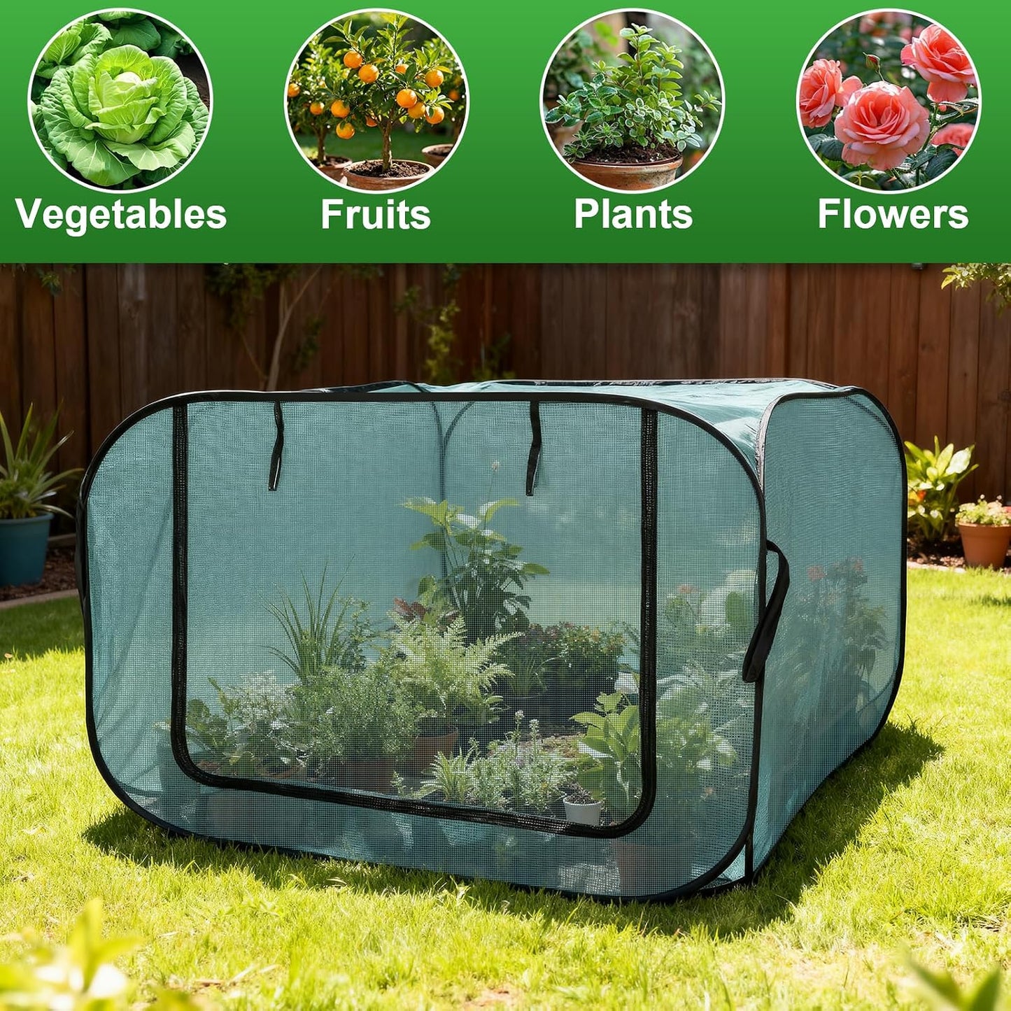 1 Pack 39 x 39 x 19in Pop-Up Garden Mesh Plant Cover with Zipper and Stakes