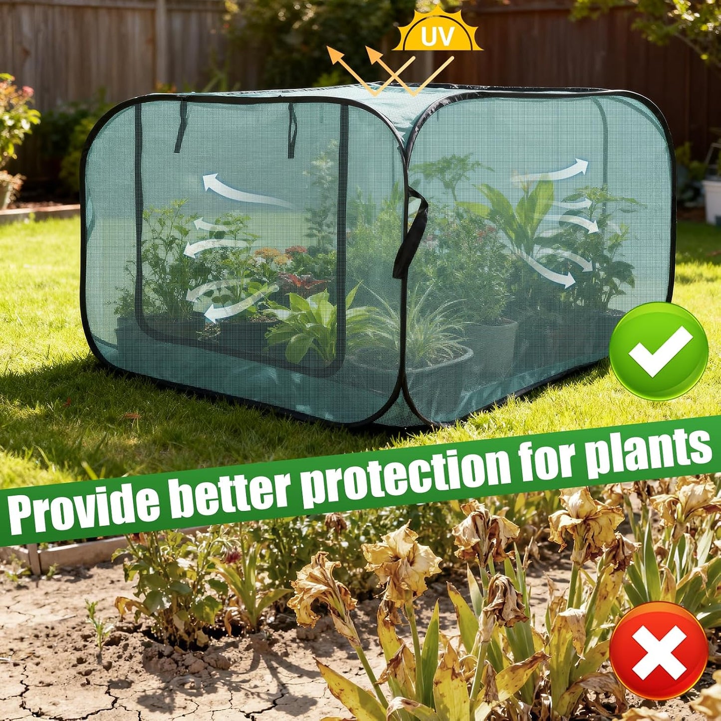 1 Pack 39 x 39 x 19in Pop-Up Garden Mesh Plant Cover with Zipper and Stakes