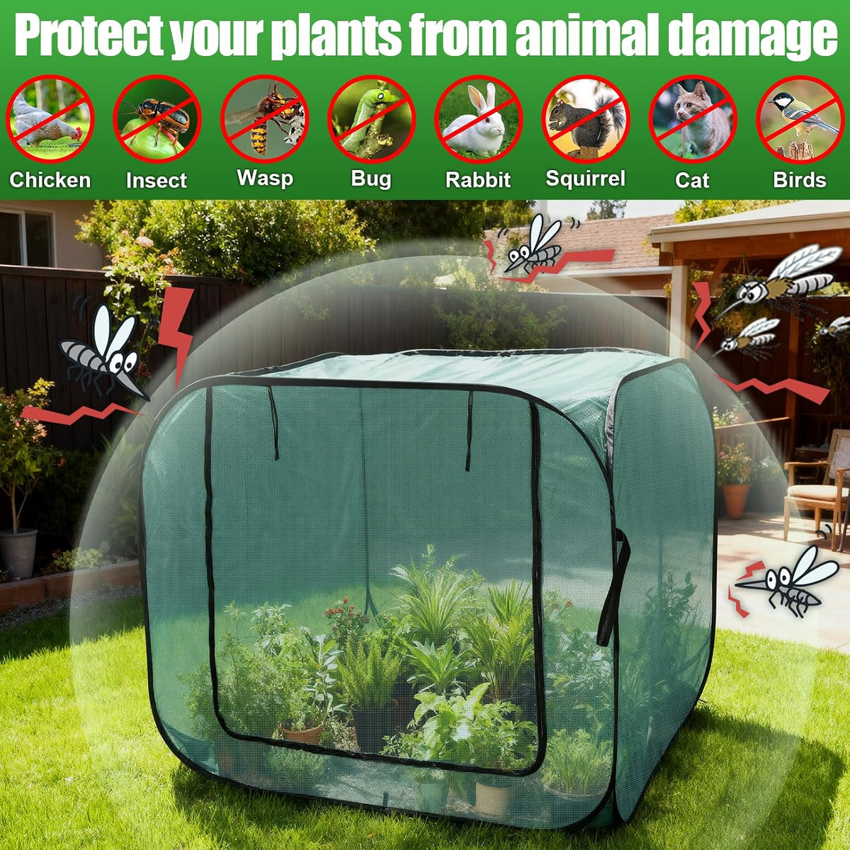 1 Pack 39 x 39 x 19in Pop-Up Garden Mesh Plant Cover with Zipper and Stakes