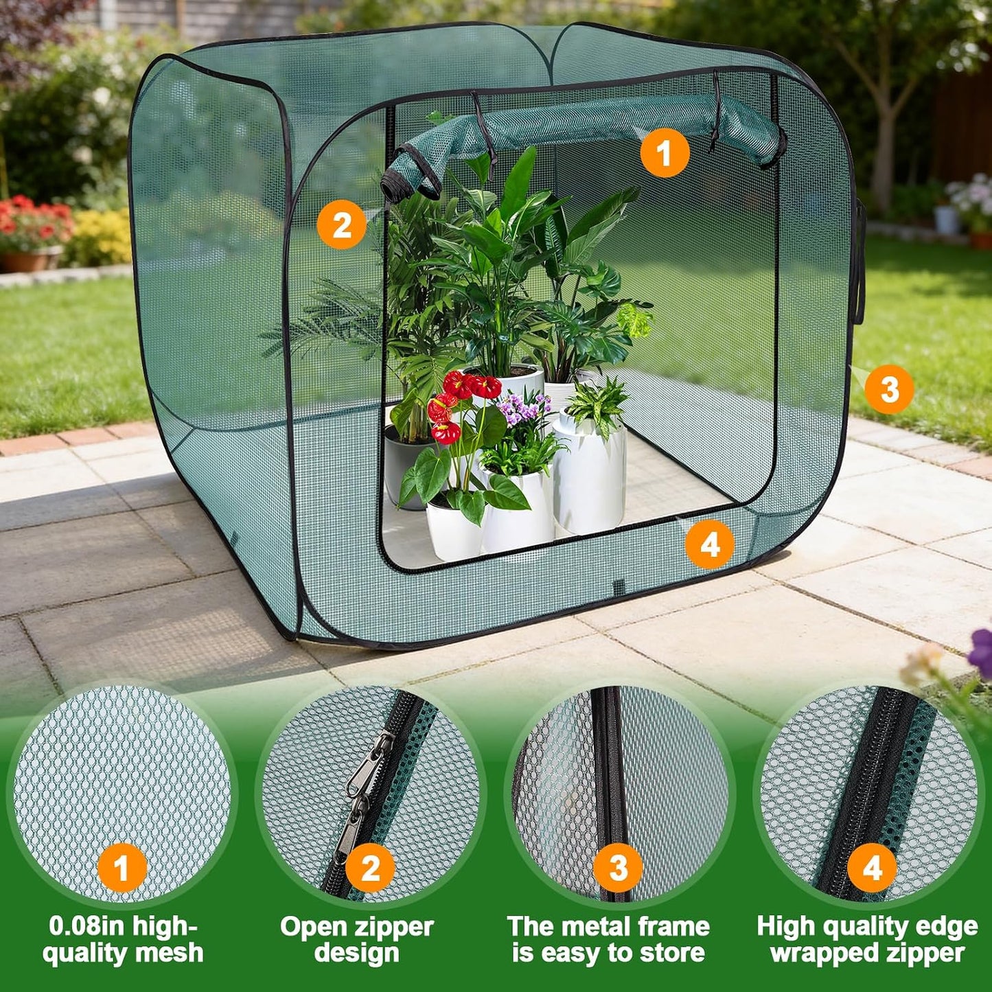 1 Pack 39 x 39 x 19in Pop-Up Garden Mesh Plant Cover with Zipper and Stakes