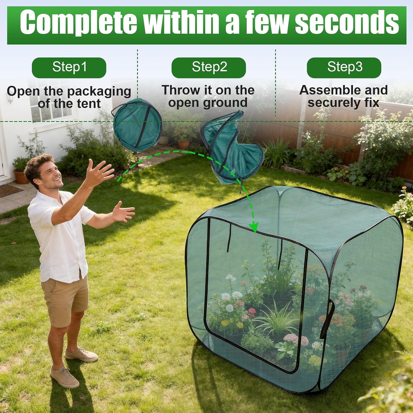 1 Pack 39 x 39 x 19in Pop-Up Garden Mesh Plant Cover with Zipper and Stakes
