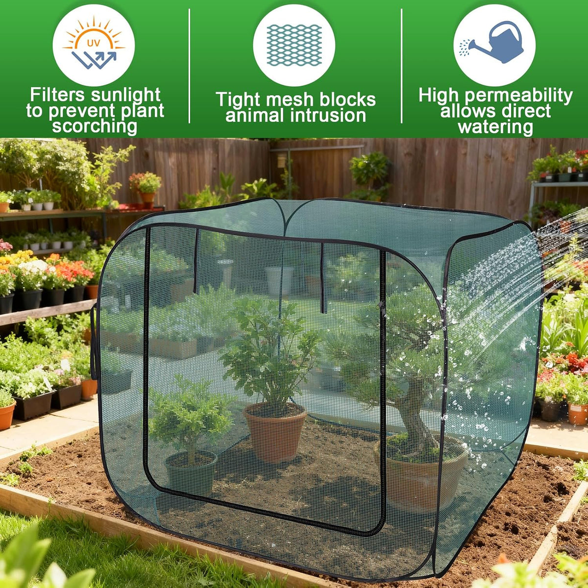 1 Pack 39 x 39 x 19in Pop-Up Garden Mesh Plant Cover with Zipper and Stakes