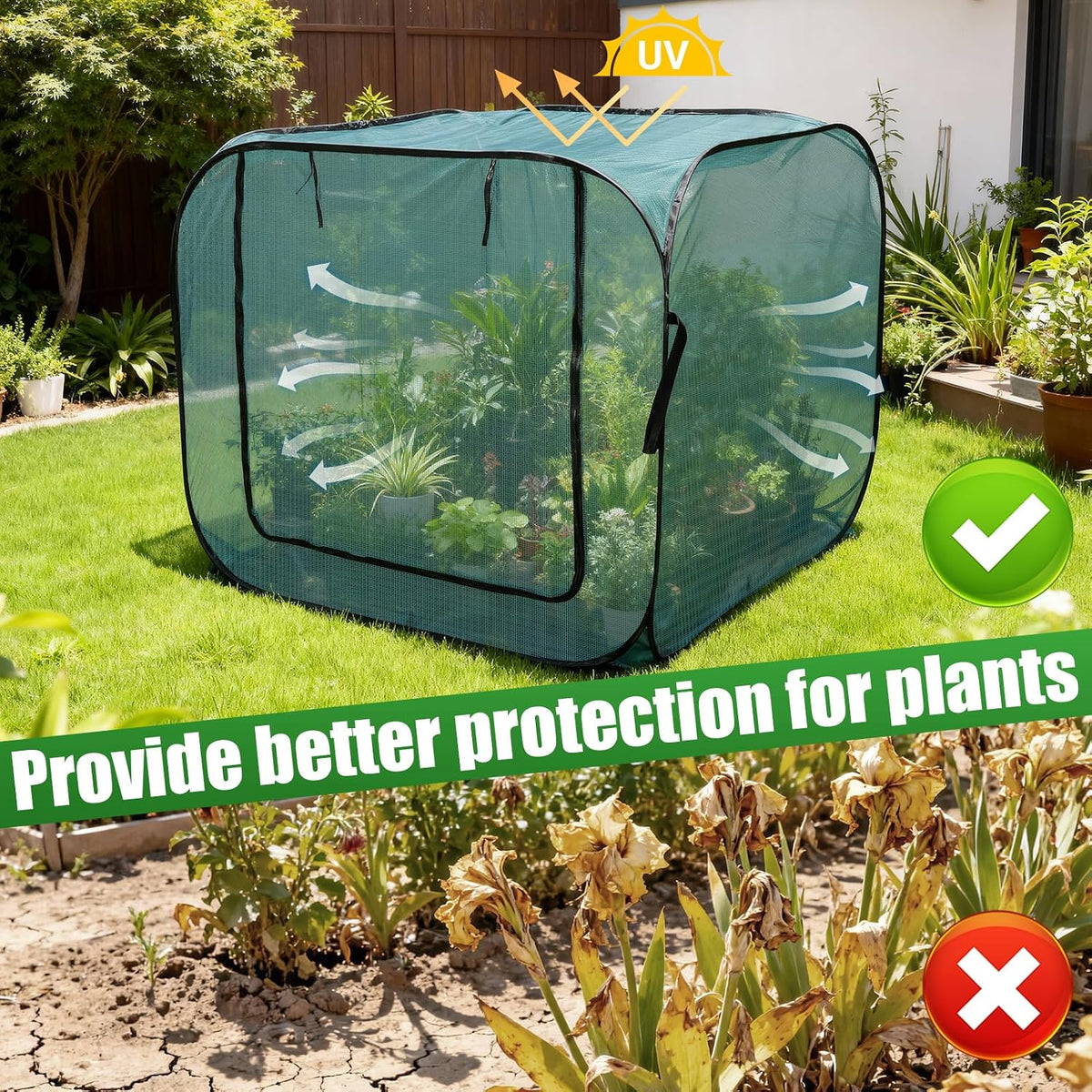 1 Pack 39 x 39 x 19in Pop-Up Garden Mesh Plant Cover with Zipper and Stakes