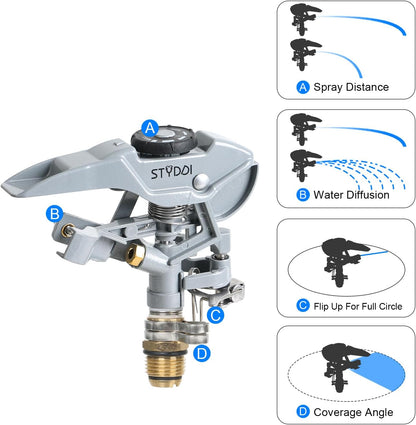 Metal Impact Sprinkler Head, Zinc-Alloy Pulsating Water Sprinkler Head with 1/2" NPT Thread, Metal Adjustable Circle Pattern Impulse Sprinkler Head for Lawn, Yard, Garden, 20' - 43' Spray Radiu