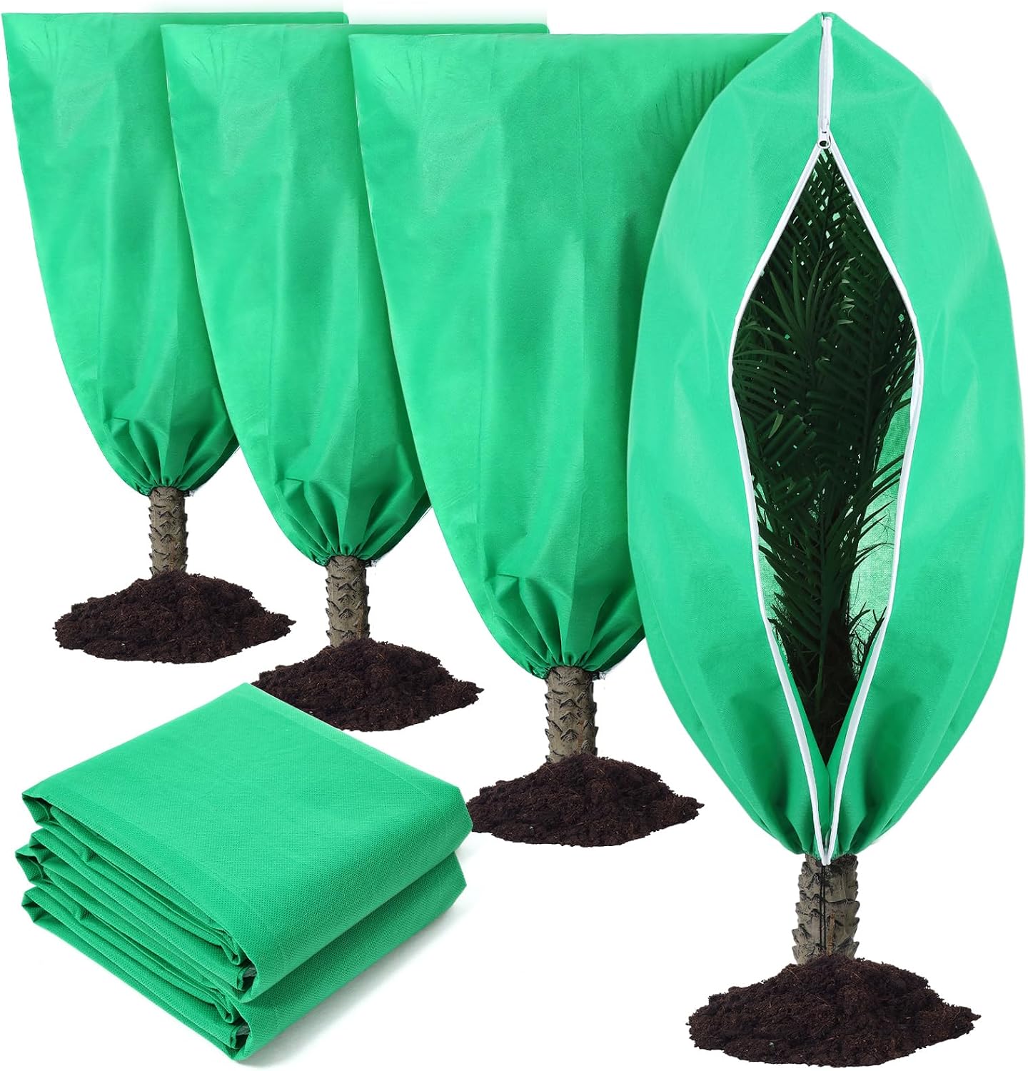 4 Pcs Plant Covers Freeze Protection Reusable Plant Protector with Zipper and Drawstring, Winter Bush Covers Freeze Protection from Cold Sun Frost Wind (32" X 47" + 47" X 71",Green)