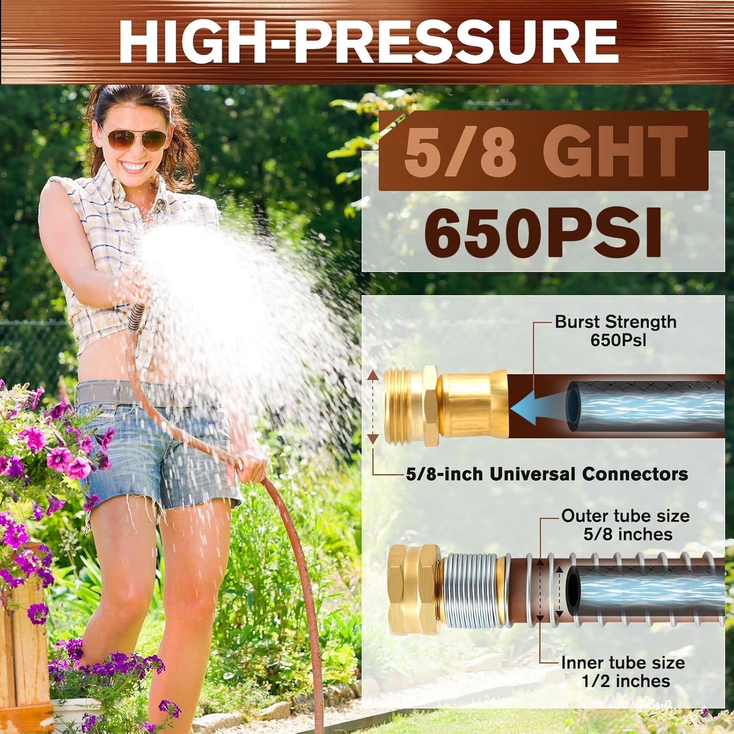 Heavy Duty Garden Hose 5/8" x 100ft, Flexible Lightweight Water Hose, Hybrid Rubber, NO Kink, 650 Burst PSI, Male to Female Fittings