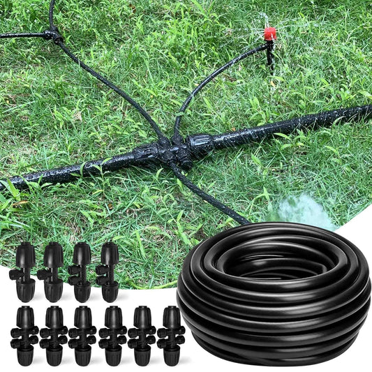 100FT 1/2 Inch Drip Irrigation Tubing with 10 Pack 1/2" to 1/4" Drip Irrigation Fittings, Drip Line Hose & Push-to-Fit 3-Way | 4-Way | 6-Way Splitter Connectors, for Drip Irrigation System