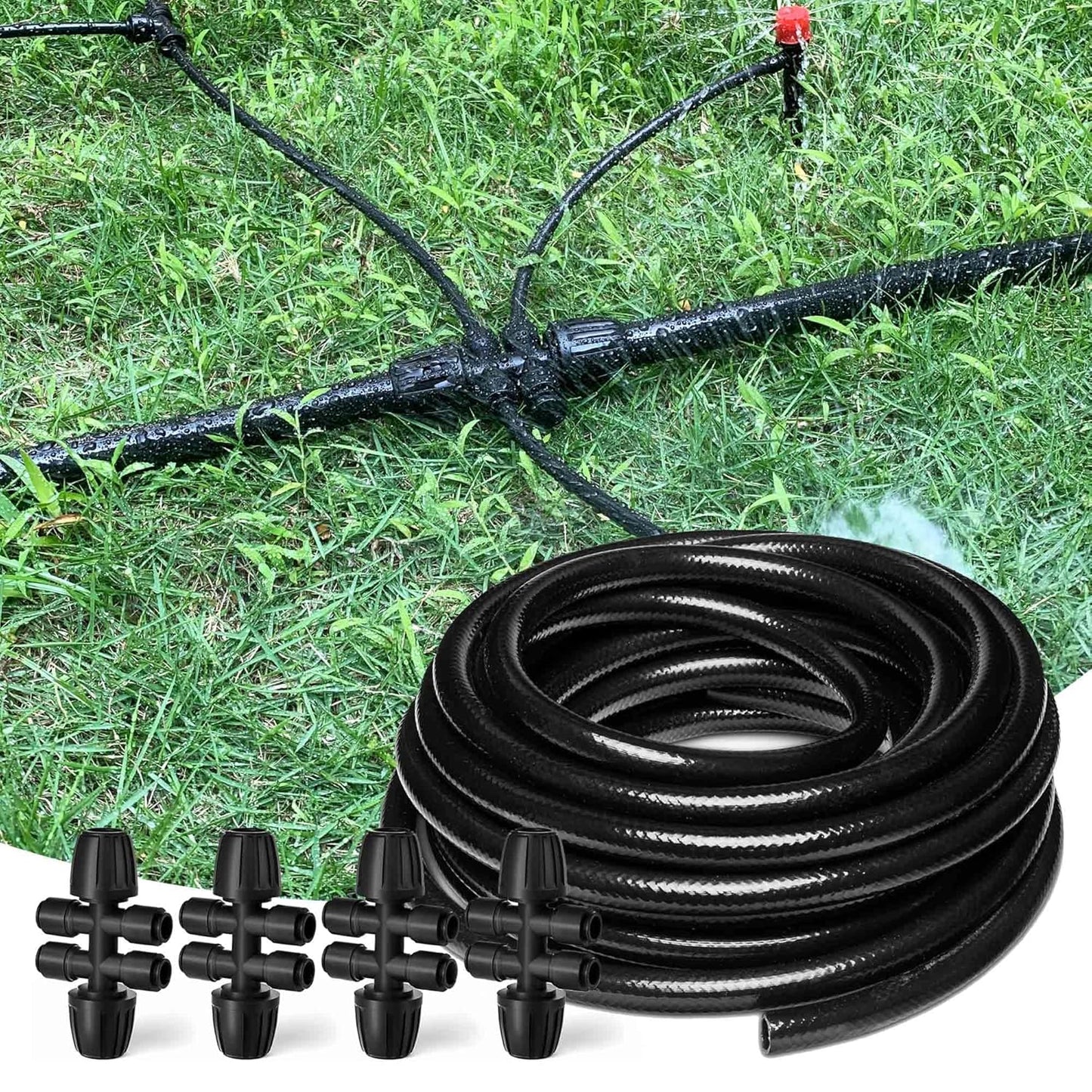100FT 1/2 Inch Drip Irrigation Tubing with 10 Pack 1/2" to 1/4" Drip Irrigation Fittings, Drip Line Hose & Push-to-Fit 3-Way | 4-Way | 6-Way Splitter Connectors, for Drip Irrigation System