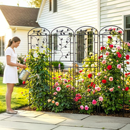 Garden Trellis for Climbing Plants, 4 Pack 71x20 in Metal Lattice Panel with Black Coating, Tall Climbing Support for Rose Vines Clematis Flowers Vegetables Fruits - Plant Trellis Outdoor