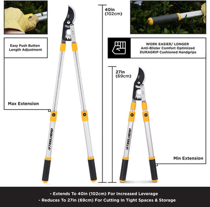 STEELHEAD Heavy-Duty 27-40" Adjustable Gear-Bypass Limb & Branch Lopper, Telescoping Extendable Handles, Ratcheting, Cuts Up to 1-3/4”, Secateurs, Shock-Absorbing, Effort-Saving, USA-Based Support