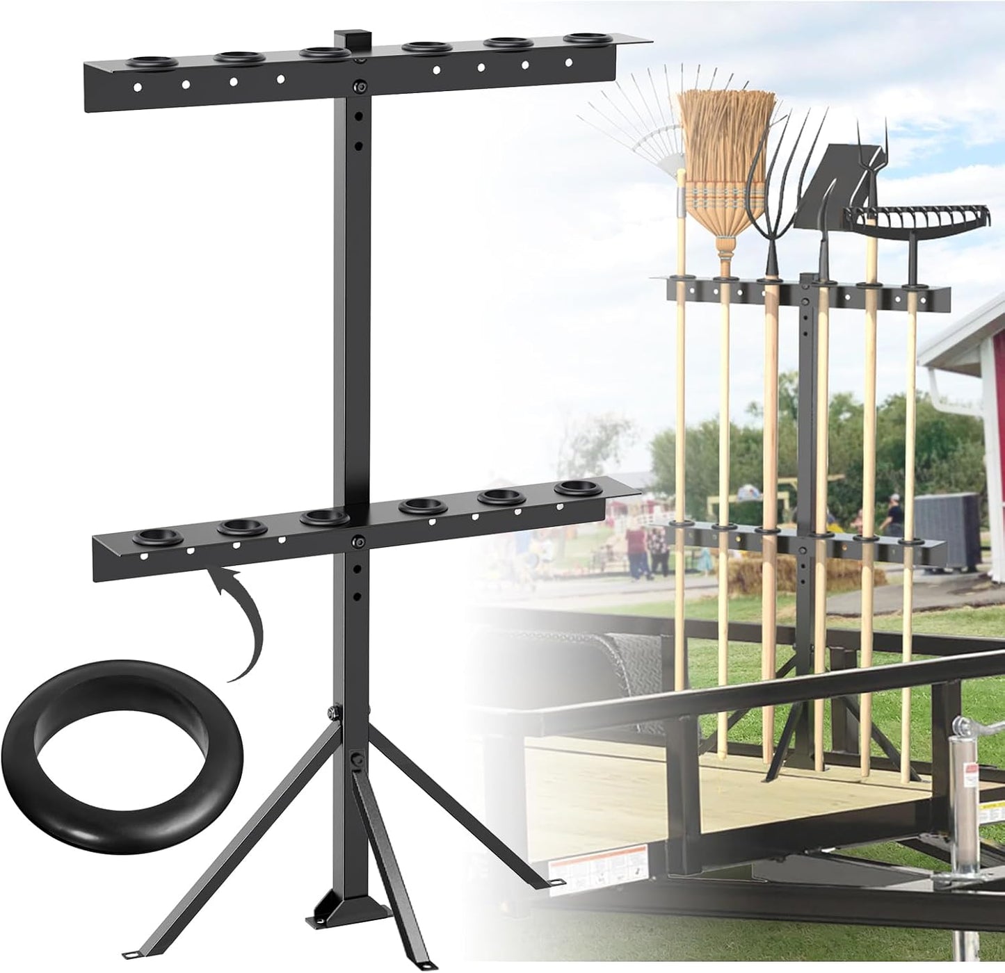 Trailer Tool Rack Shovel Holder with 6 Tool Holes, Classical Black