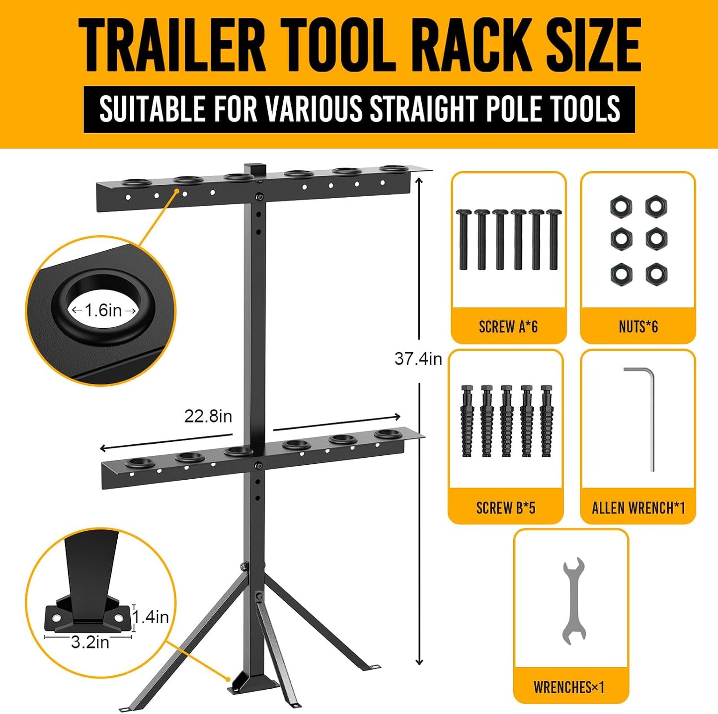 Trailer Tool Rack Shovel Holder with 6 Tool Holes, Classical Black
