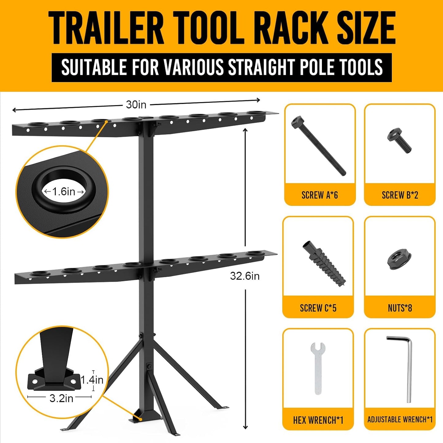 Trailer Tool Rack Shovel Holder with 6 Tool Holes, Classical Black