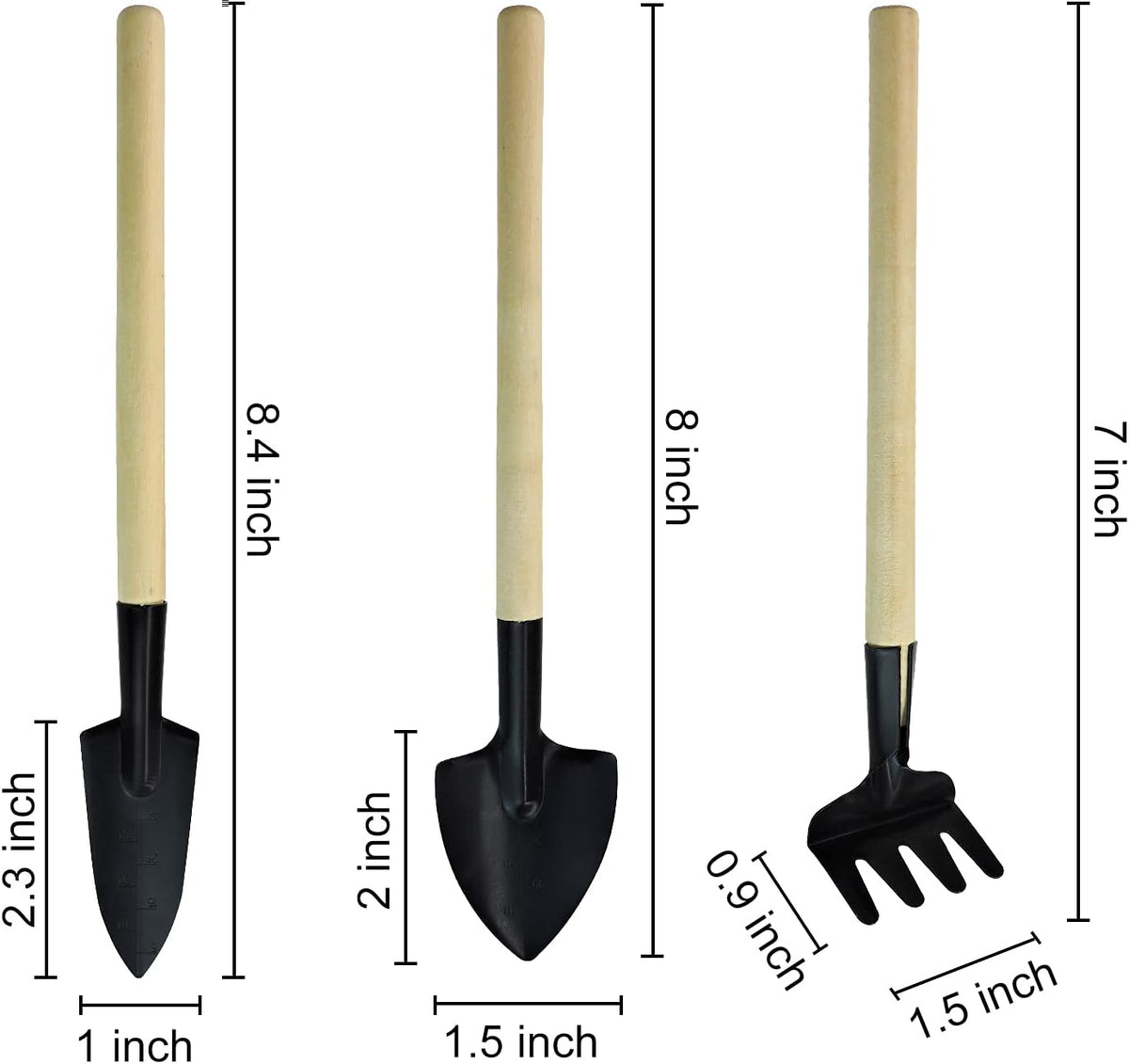 Andiker Mini Gardening Tools, 3pcs Portable Garden Hand Tools Set, Miniature Gardening Rake Trowel and Shovel for Seedlings, Bonsai, Succulents, Herbs, Terrariums and Planting (3pcs)