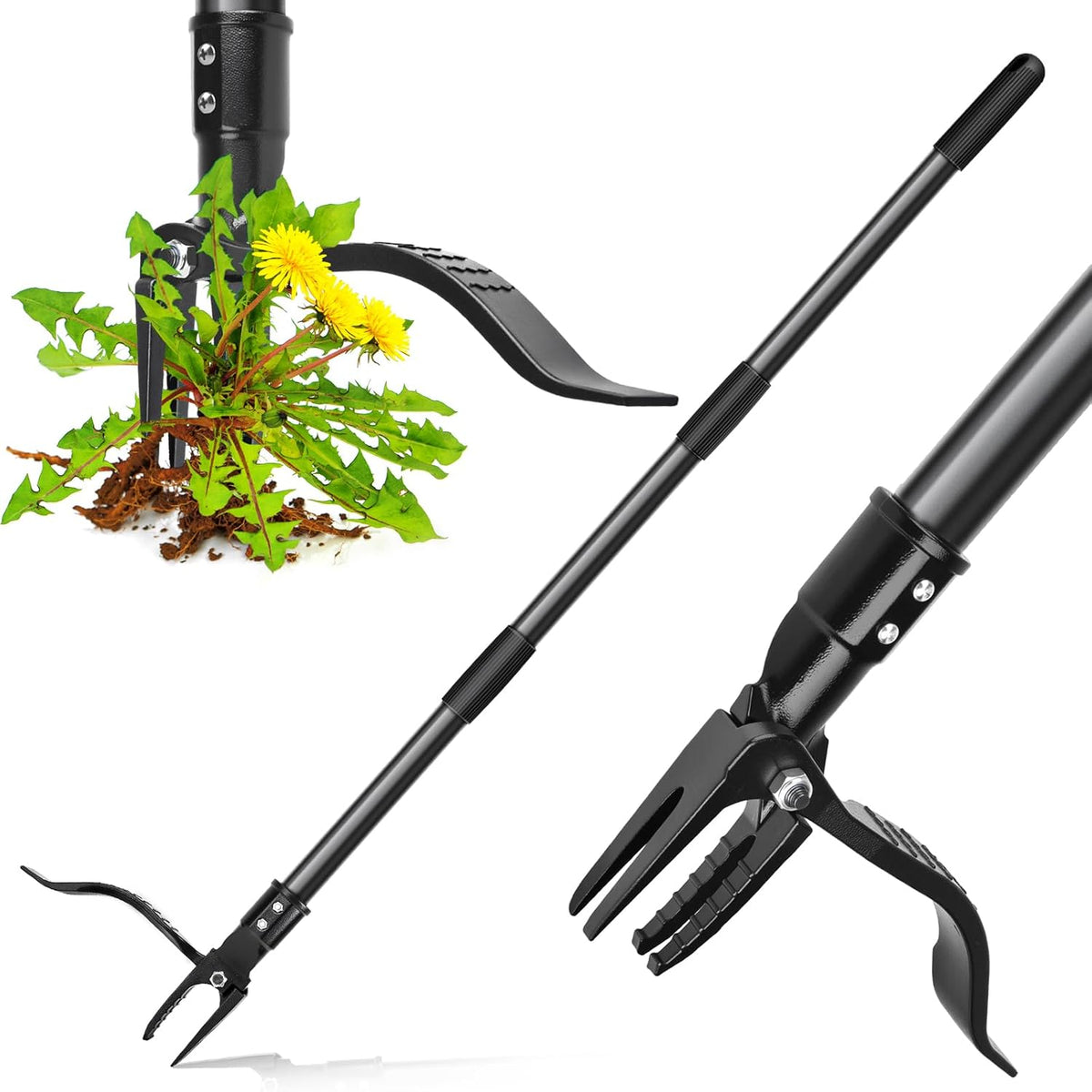 4-Claw Steel Weed Puller Tool, Heavy Duty Stand Up Weeder with Long Handle 46” for Easily Remove Weeds Without Bending, Pulling or Kneeling(Black)