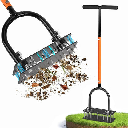 Lawn Aerator Tool, 15-Spike Aerator, Self-Cleaning, Black & Orange