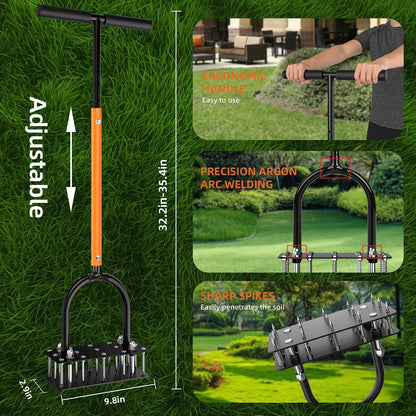 Lawn Aerator Tool, 15-Spike Aerator, Self-Cleaning, Black & Orange