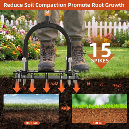 Lawn Aerator Tool, 15-Spike Aerator, Self-Cleaning, Black & Orange