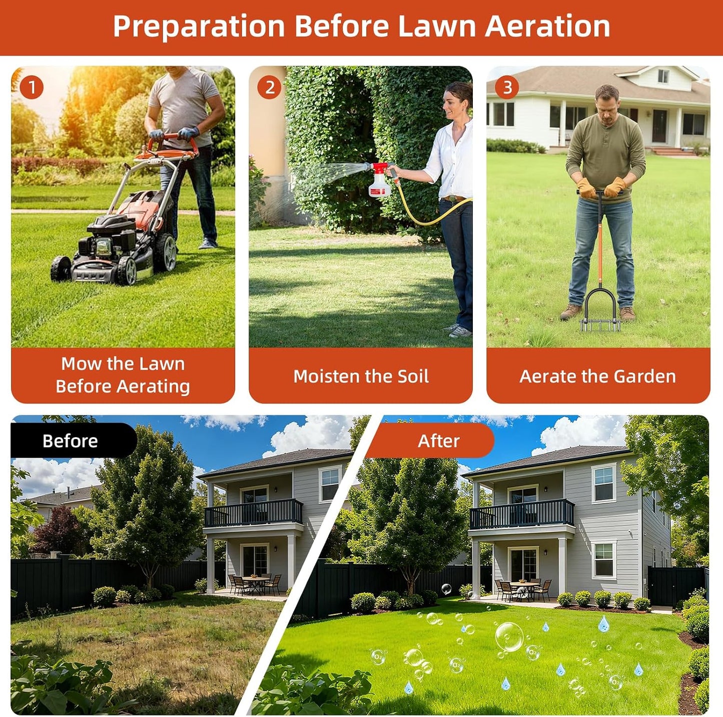 Lawn Aerator Tool, 15-Spike Aerator, Self-Cleaning, Black & Orange