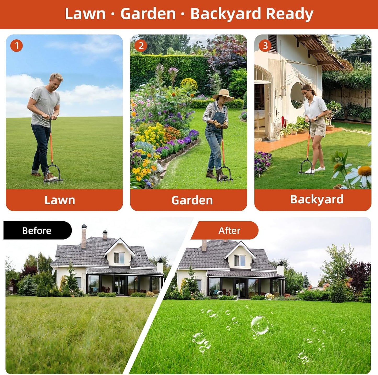 Lawn Aerator Tool, 15-Spike Aerator, Self-Cleaning, Black & Orange