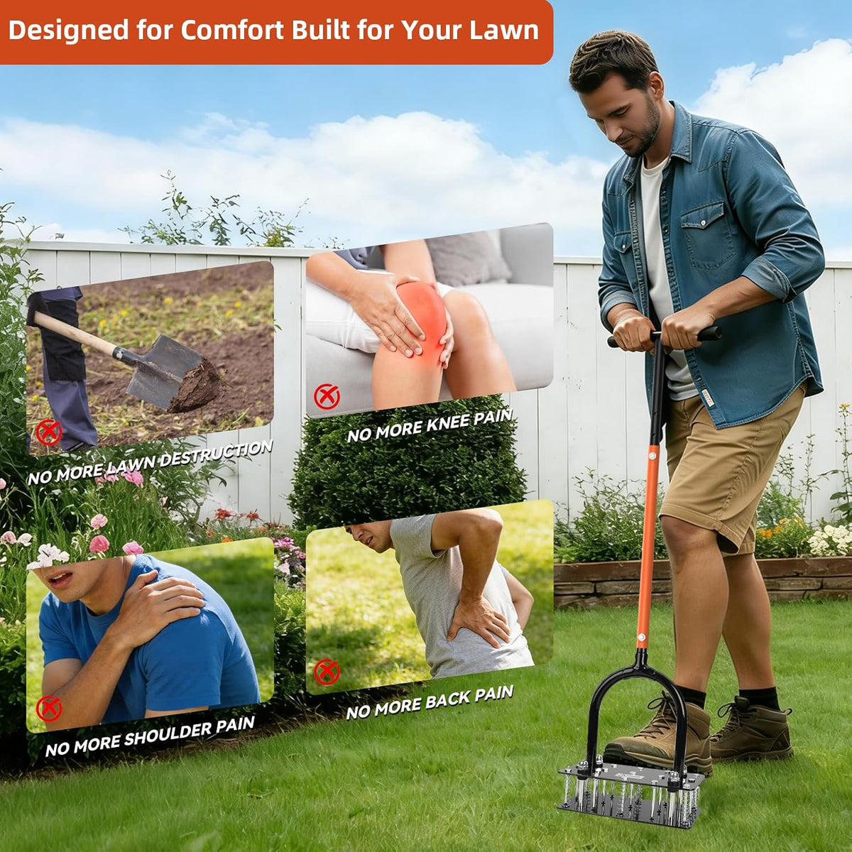 Lawn Aerator Tool, 15-Spike Aerator, Self-Cleaning, Black & Orange