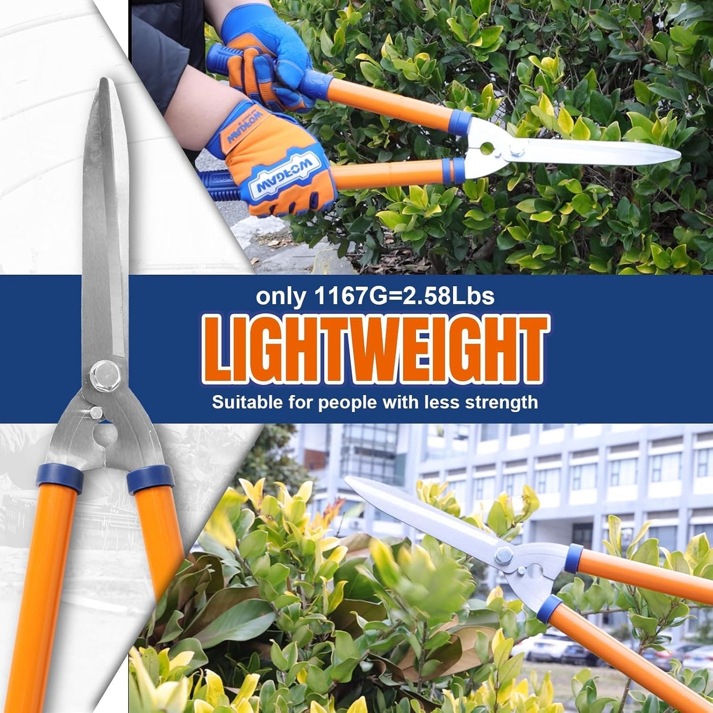 Hedge Clippers:Bush Clippers With Adjustable Length Handle and Wavy SK-5 Steel Blade,Hedge Shears for Pruning Borders and Bushes, Blue and Yellow