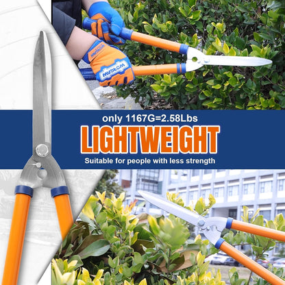 Hedge Clippers:Bush Clippers With Adjustable Length Handle and Wavy SK-5 Steel Blade,Hedge Shears for Pruning Borders and Bushes, Blue and Yellow