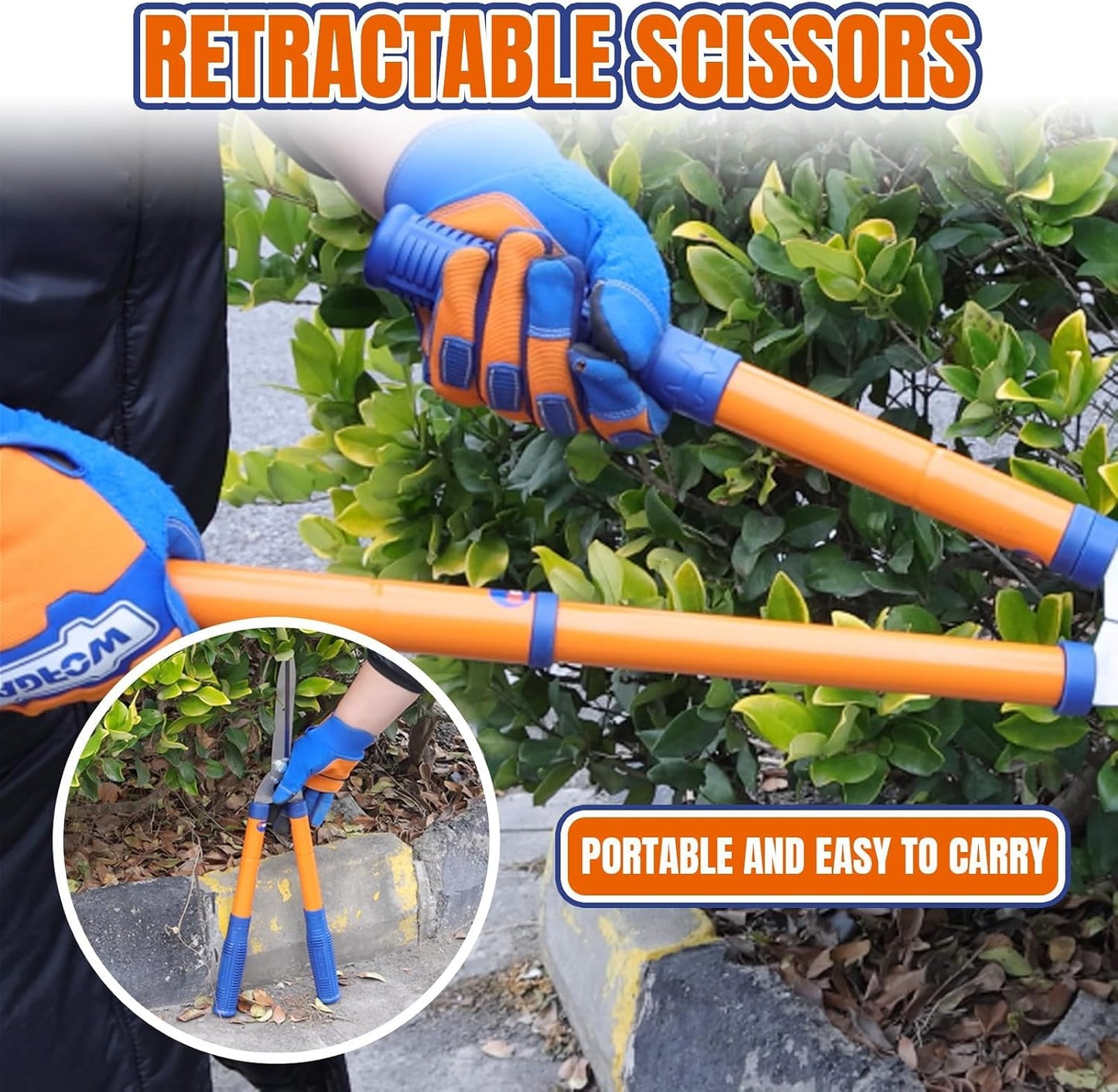 Hedge Clippers:Bush Clippers With Adjustable Length Handle and Wavy SK-5 Steel Blade,Hedge Shears for Pruning Borders and Bushes, Blue and Yellow