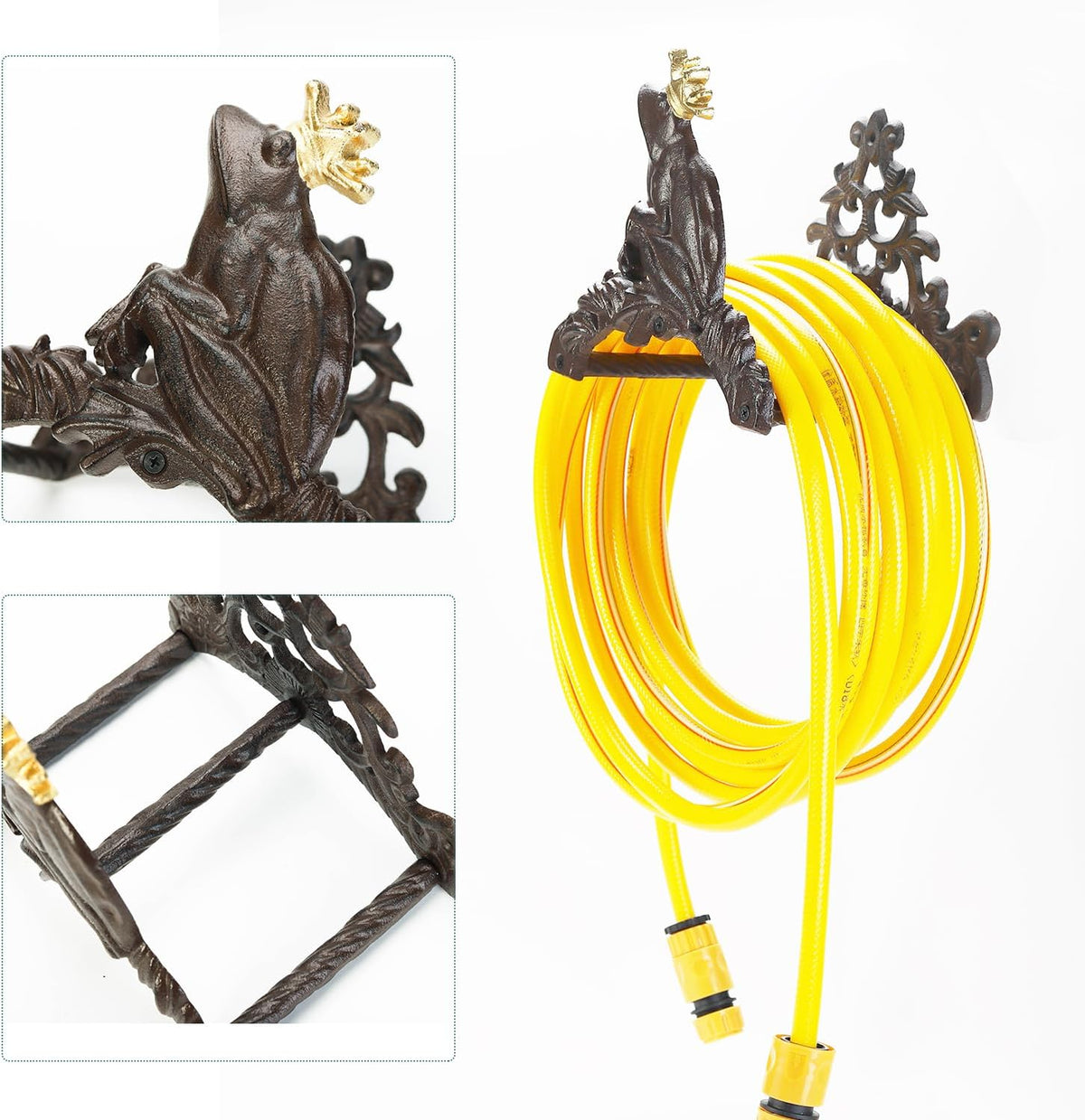 Heavy Duty Cast Iron Garden Hose Holder | Water Hose Hanger Wall Mounted | Decorative Indoor Outdoor Hose Rack Reel | 50FT 75FT 100FT Water Hose Bulter Storage | Lovely Frog Metal Hose Stand