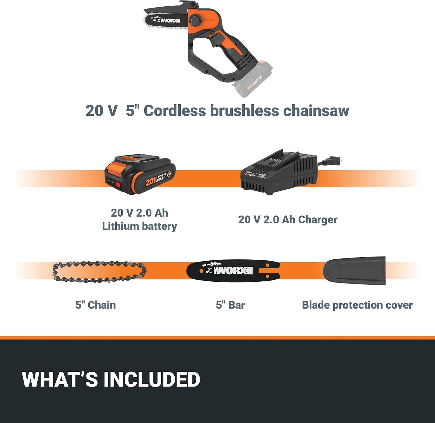 Cordless Mini Chainsaw, 20V 5" Pole Saw/Pruning Saw, WG326.1