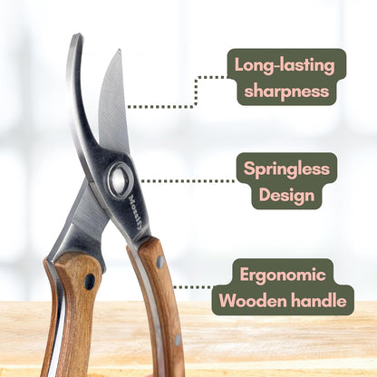 8.5" Slim Pruning Shears | Narrow-Profile Garden Shears, Full-Metal Core, Wood Handles, Spring-Loaded & Locking | Hand Pruners for Tight Growth