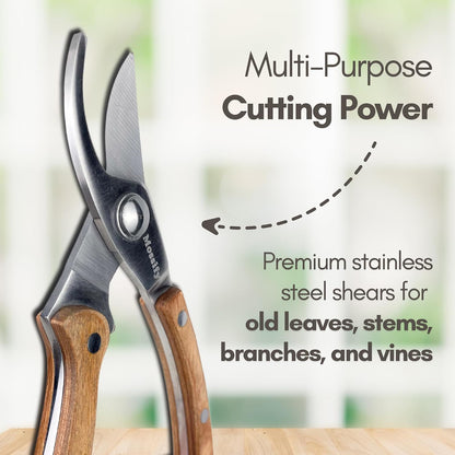 8.5" Slim Pruning Shears | Narrow-Profile Garden Shears, Full-Metal Core, Wood Handles, Spring-Loaded & Locking | Hand Pruners for Tight Growth