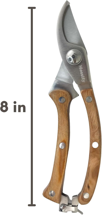 8.5" Slim Pruning Shears | Narrow-Profile Garden Shears, Full-Metal Core, Wood Handles, Spring-Loaded & Locking | Hand Pruners for Tight Growth