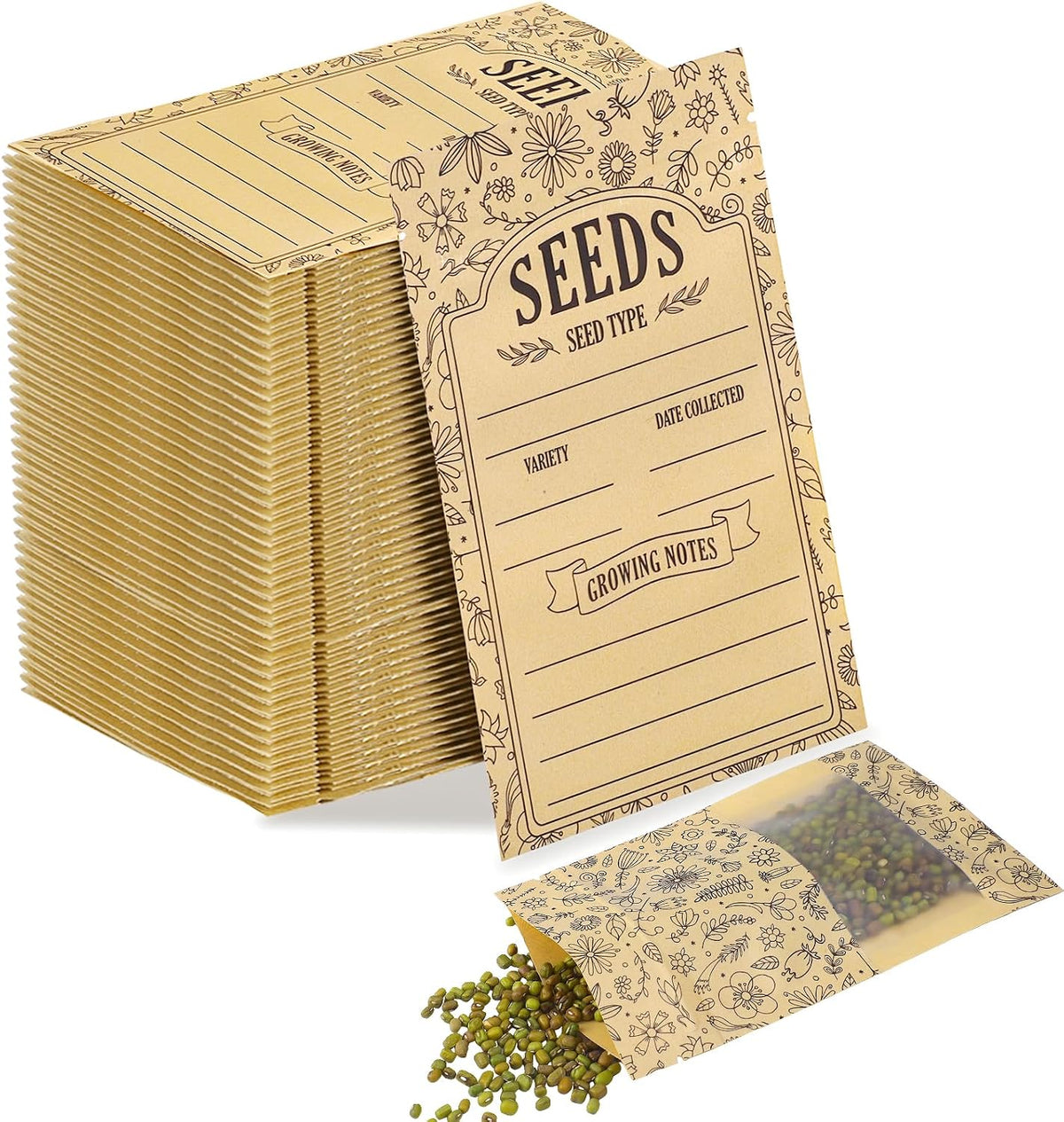 120 Seed Envelopes With Window, Resealable Floral Seed Storage Bags